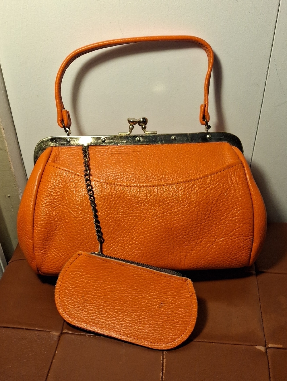 Vintage Orange Leather Top-Handle Frame Bag with Coin Pouch